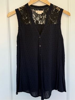 Deme & Esyllte (Anthropologie) Navy Black Lace Sleeveless Button-Front Blouse